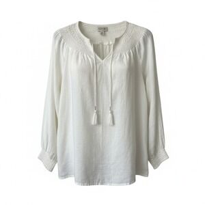 Rachel Zoe White Linen Blend Pullover Long Sleeve Top Women's M Boho Tassels